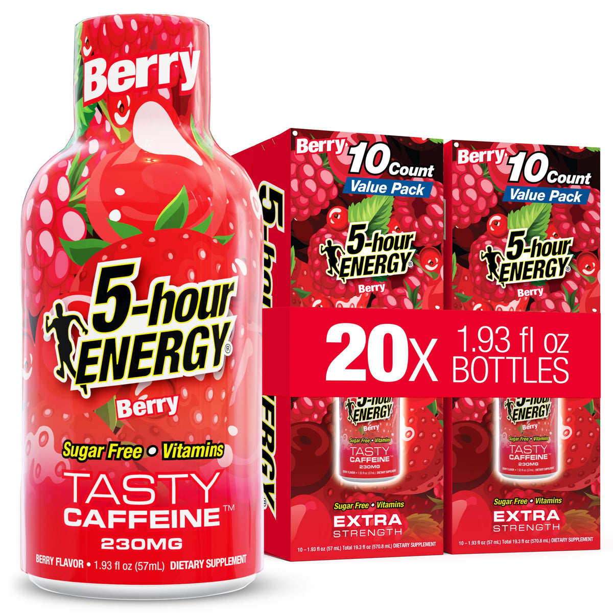 5-hour ENERGY frente del envase mostrando diseño y sabor berry