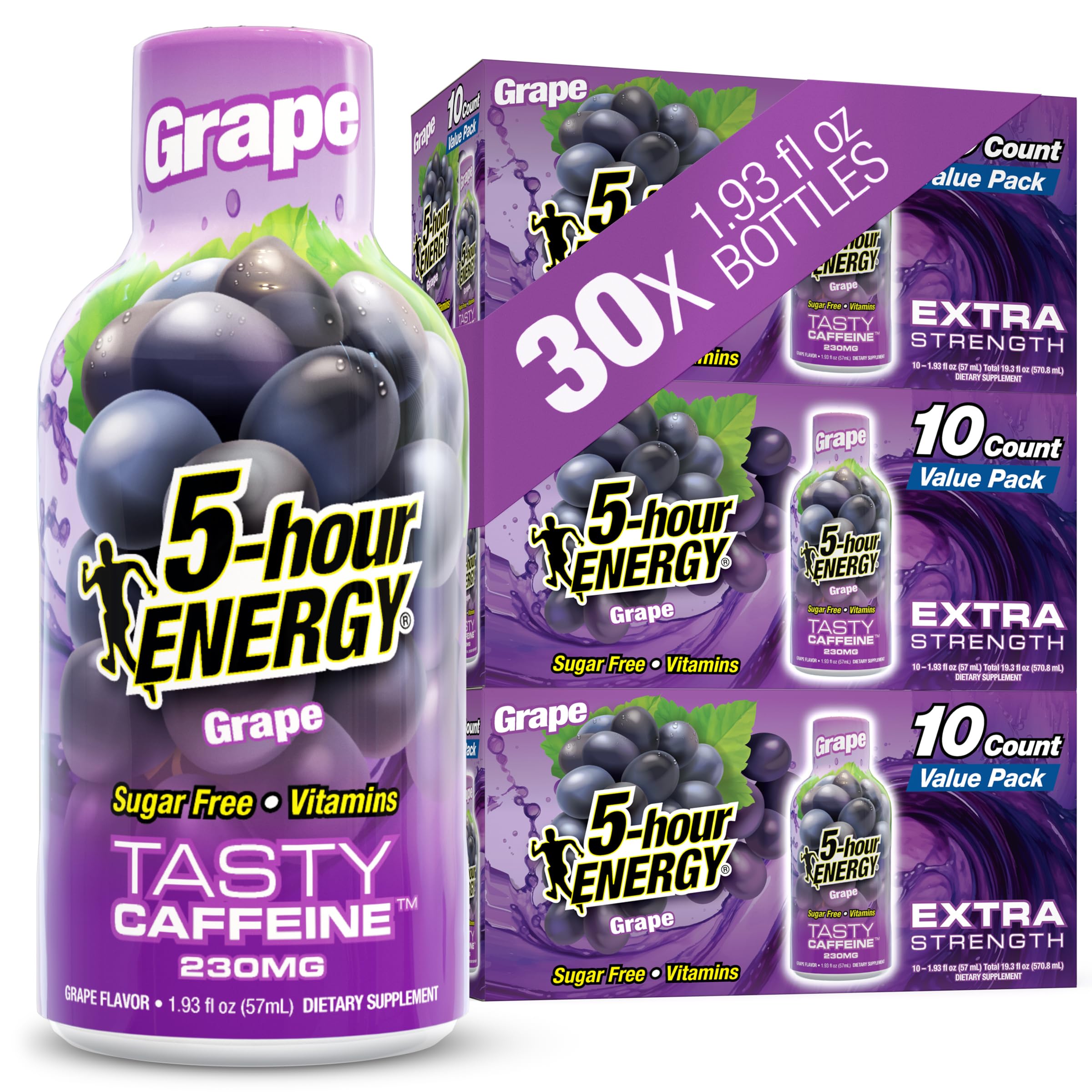 5-hour ENERGY frontal del envase sabor uva mostrando tamaño portátil y conveniencia