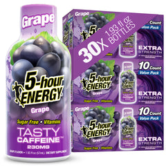 5-hour ENERGY frontal del envase sabor uva mostrando tamaño portátil y conveniencia
