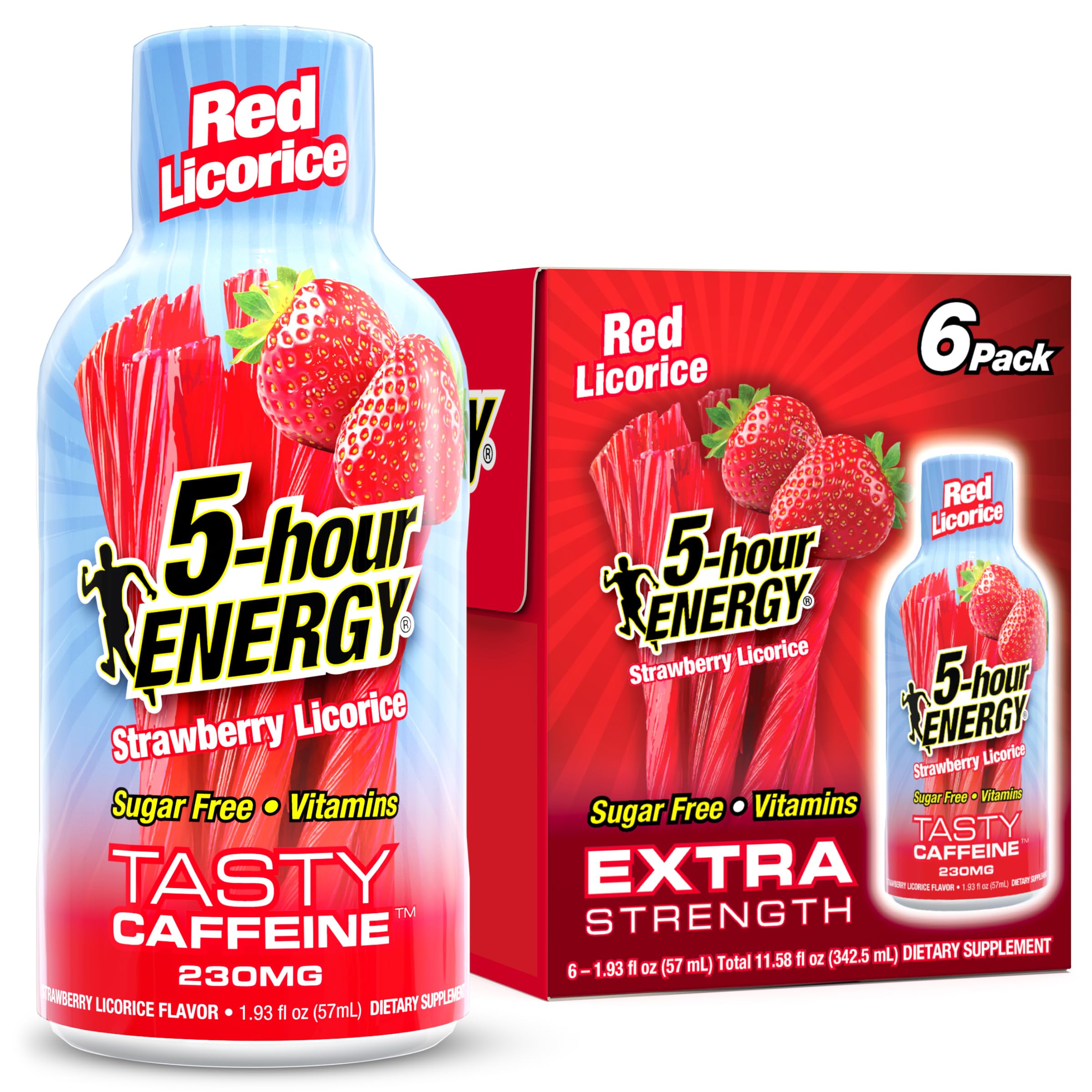 5-hour ENERGY frontal del envase mostrando sabor regaliz rojo y beneficio portátil