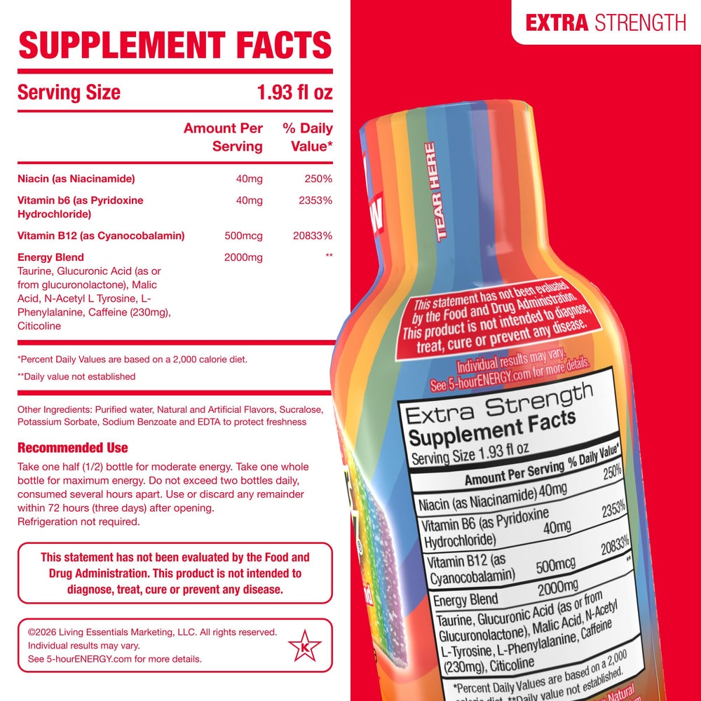 5-hour ENERGY líquido afrutado vertiéndose, resaltando sabor y textura suave
