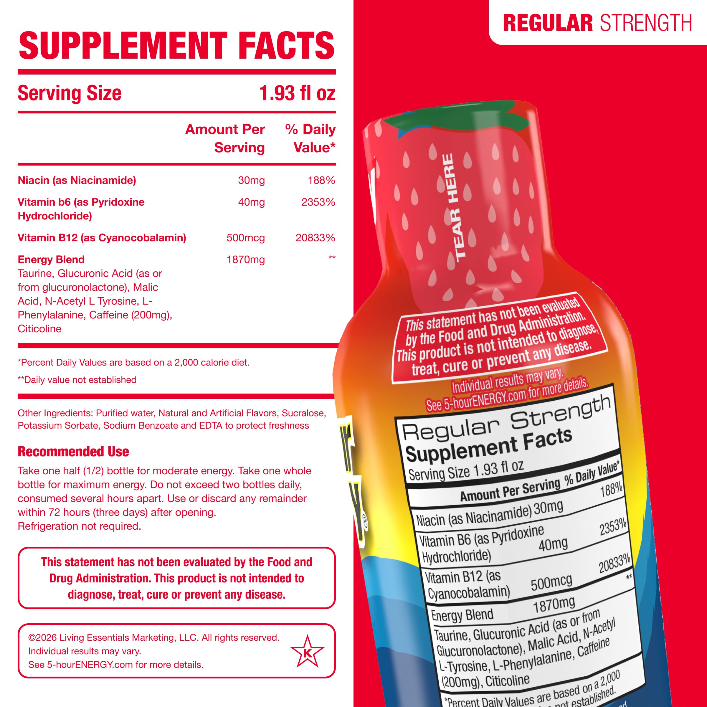 5-hour ENERGY líquido Berry en primer plano que resalta sabor frutal intenso