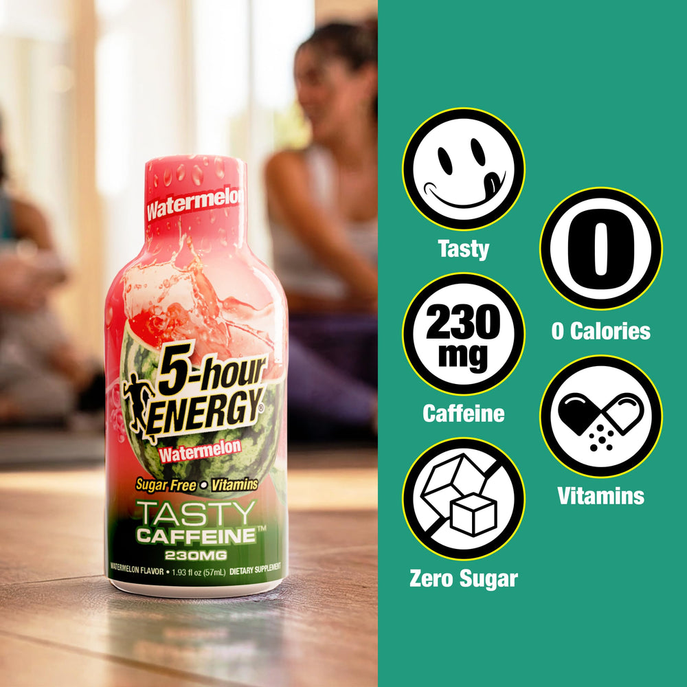 5-hour ENERGY botellas en fila mostrando sabores Hawaiian Breeze y Tropical Burst