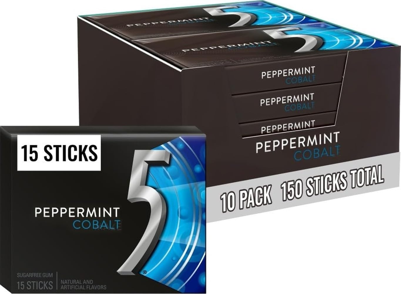 5 Gum frontal del paquete Peppermint Cobalt mostrando marca y beneficio refrescante
