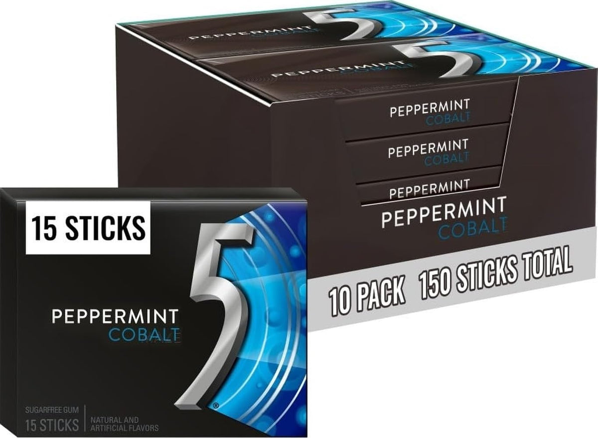 5 Gum frontal del paquete Peppermint Cobalt mostrando marca y beneficio refrescante