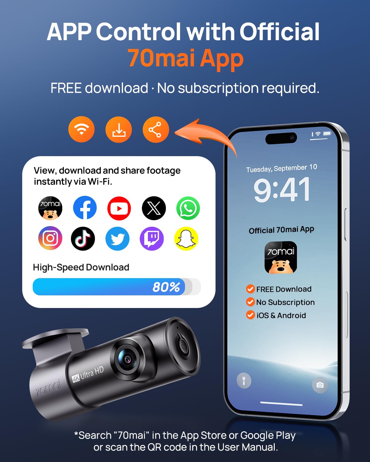 70mai M310 Plus app en móvil mostrando transmisión en vivo y descarga fácil