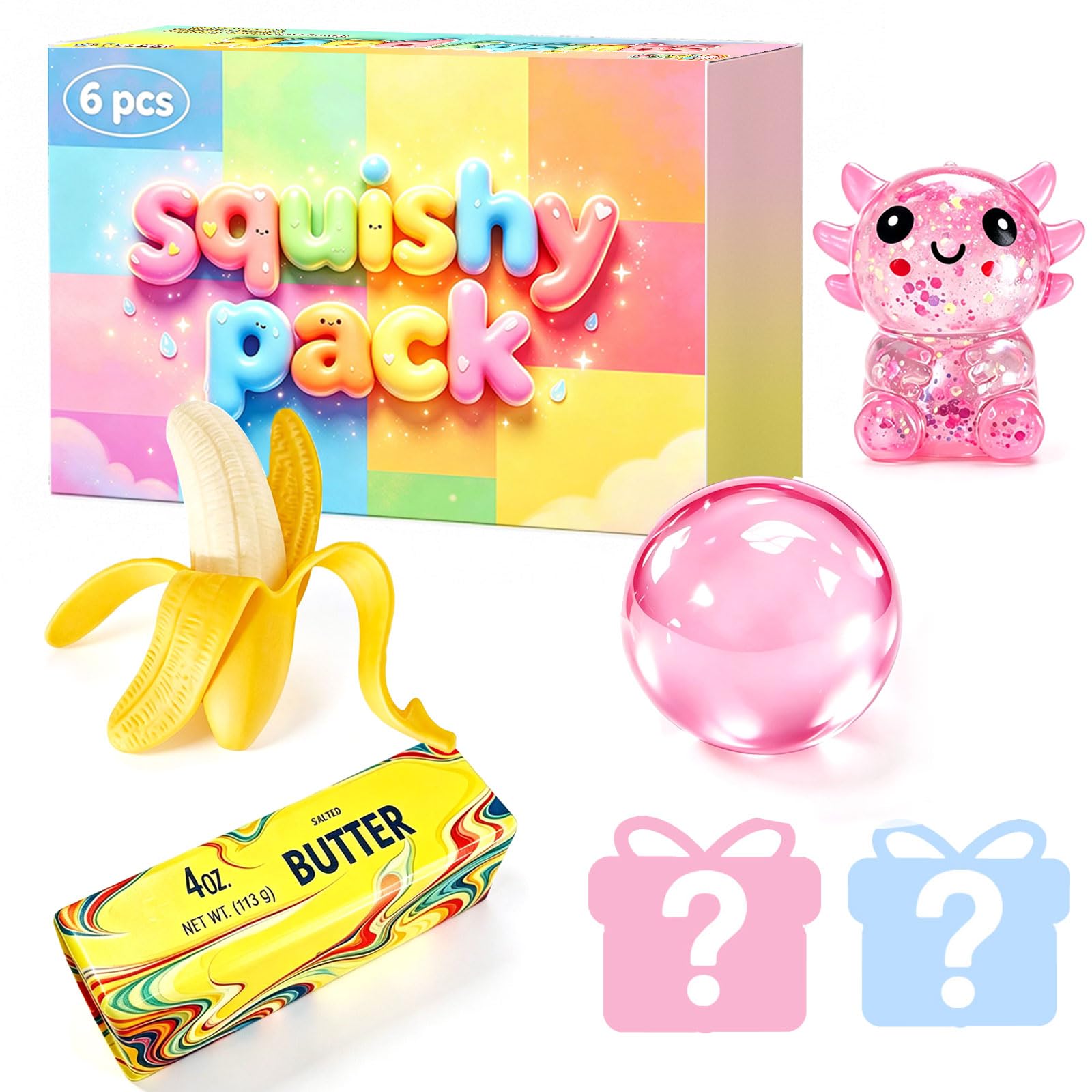 75F vista frontal del pack con seis squishies, regalo compacto