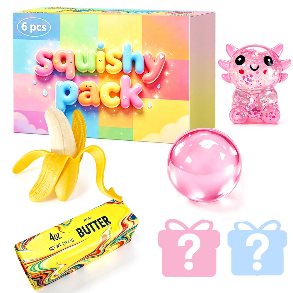 75F vista frontal del pack con seis squishies, regalo compacto