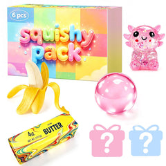75F vista frontal del pack con seis squishies, regalo compacto