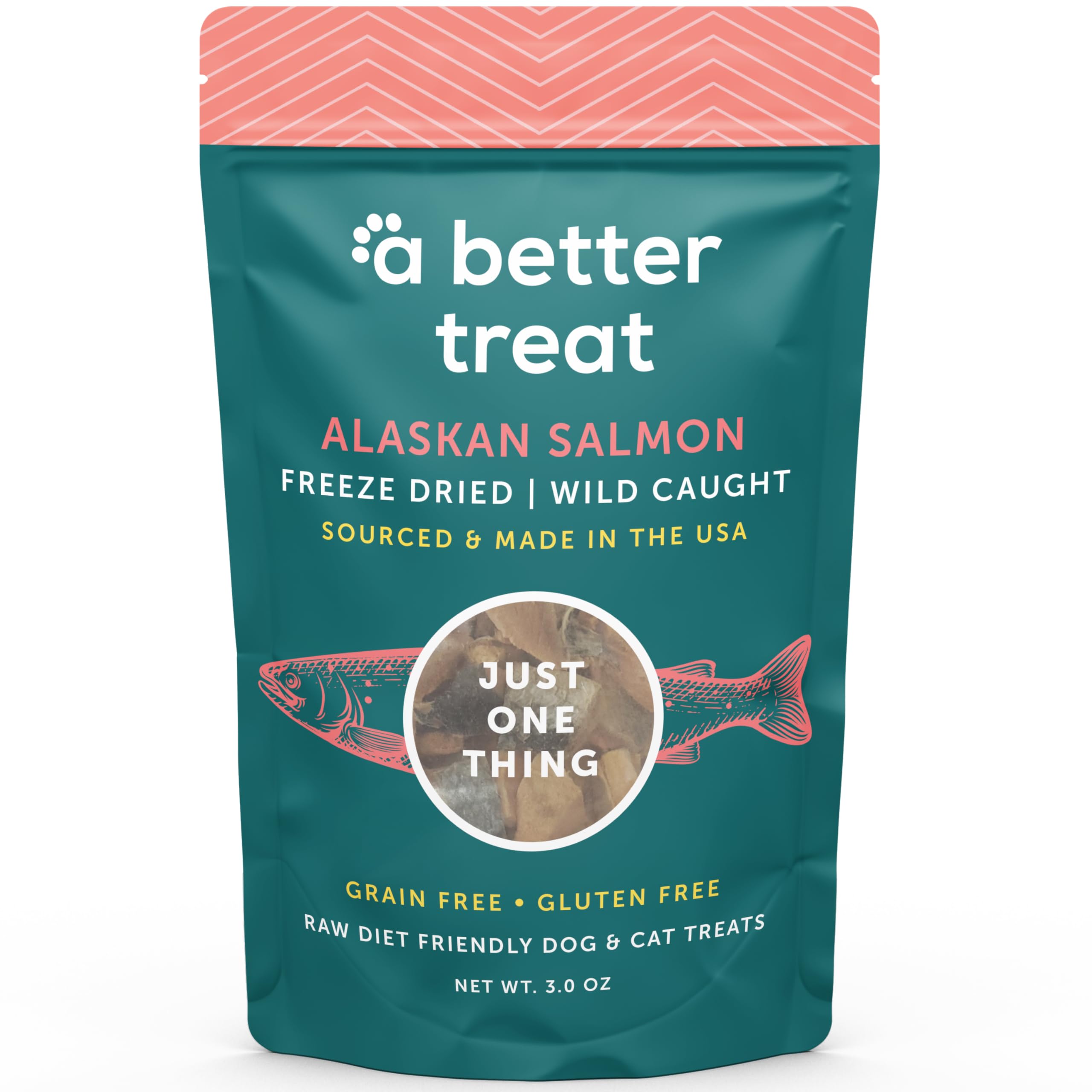 A Better Treat empaque frontal que muestra salmón liofilizado y beneficios