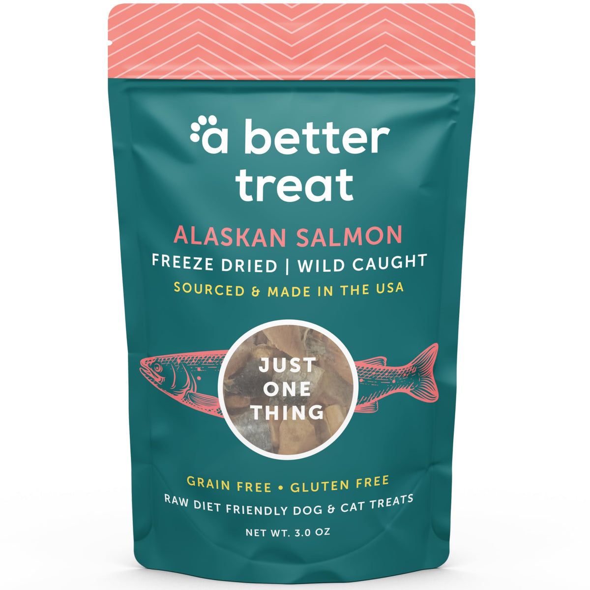 A Better Treat empaque frontal que muestra salmón liofilizado y beneficios