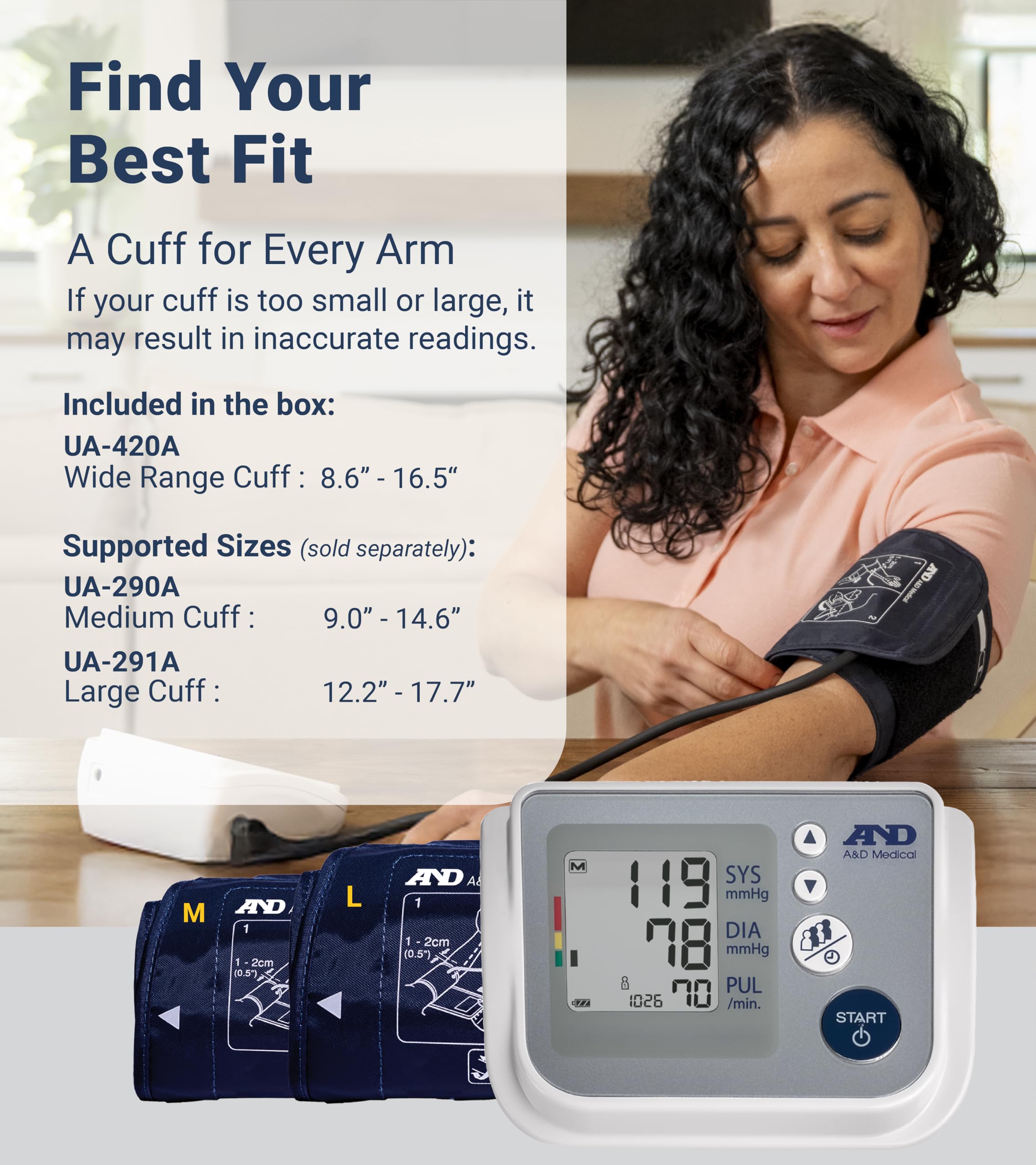 A&D Medical monitor junto a una mano para comparar tamaño y portabilidad