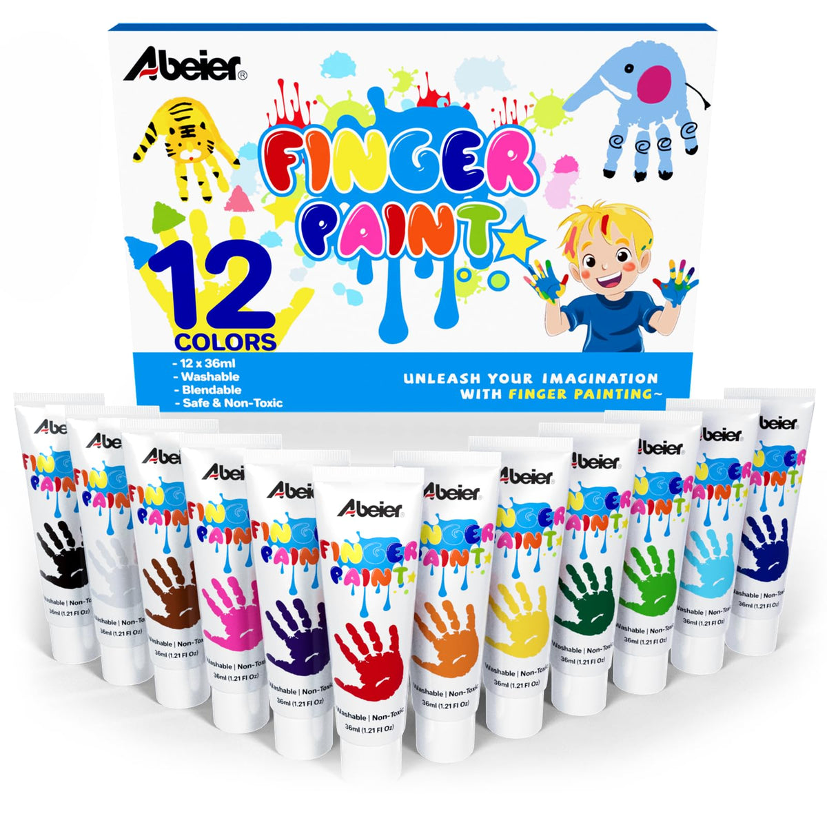 ABEIER frontal del envase con 12 colores y presentación segura para niños