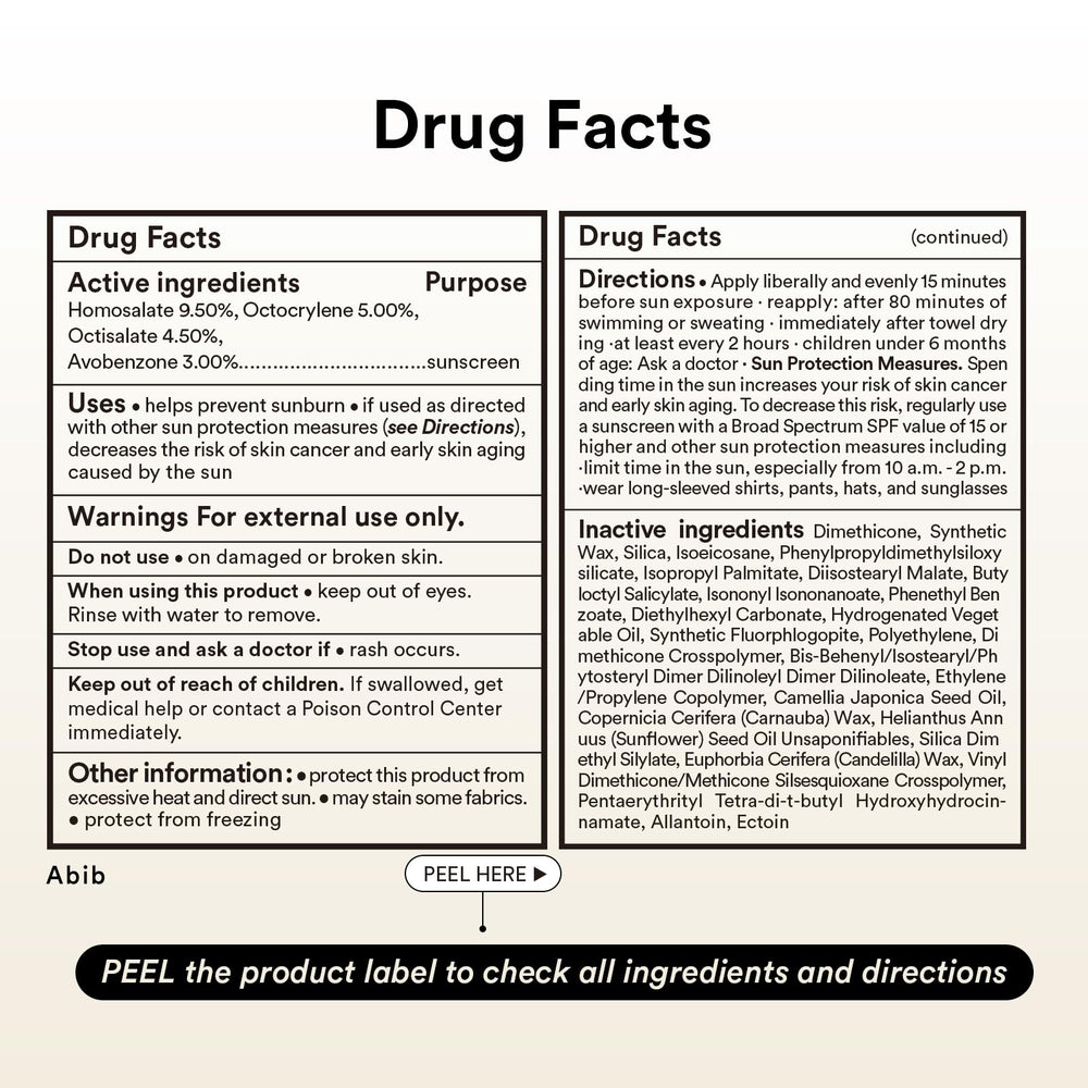 Close-up of Abib ingredient label highlighting ectoin and centella for soothing