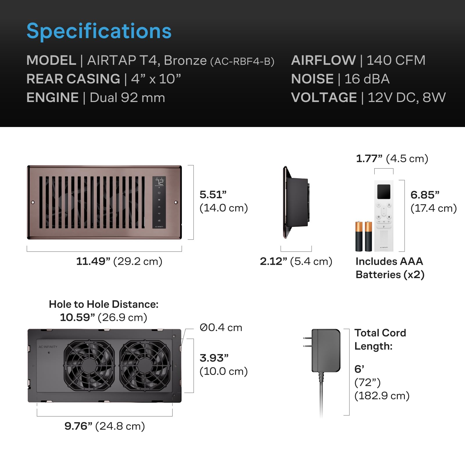 AC Infinity AIRTAP T4 comparación de tamaño con mano para ver ajuste en rejilla 4x10