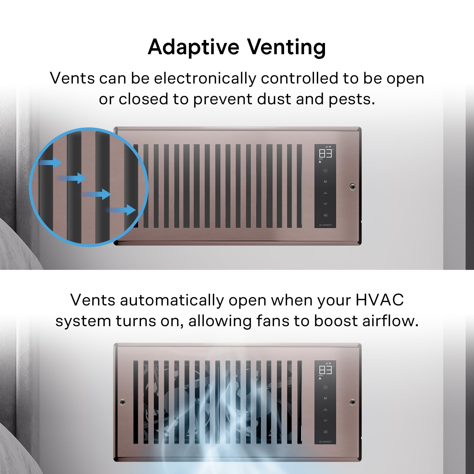 AC Infinity AIRTAP T4 compuertas electrónicas abiertas, optimiza circulación cuando HVAC activo
