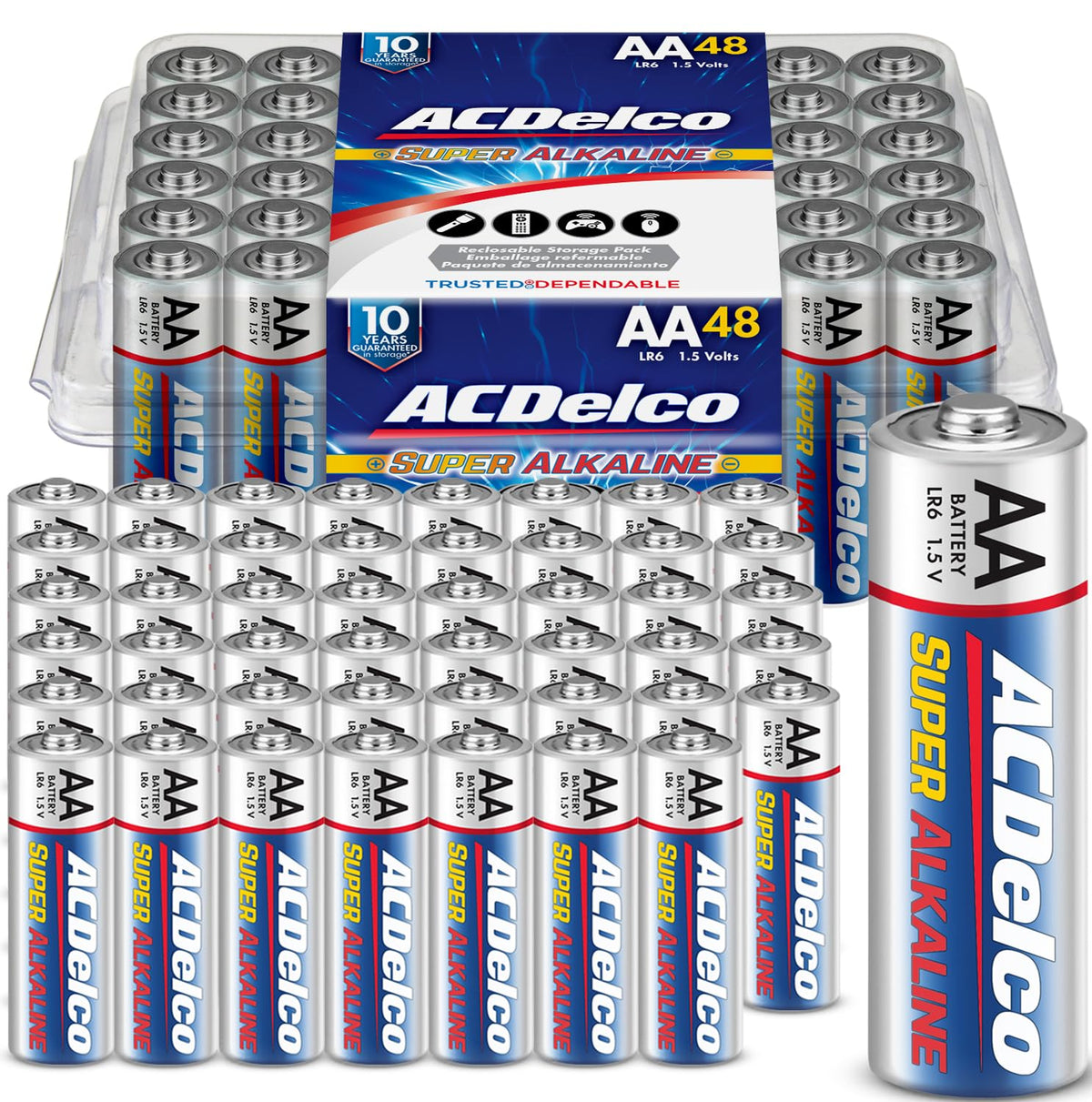 Powermax ACDelco pack frontal mostrando 48 pilas AA y beneficio de cantidad