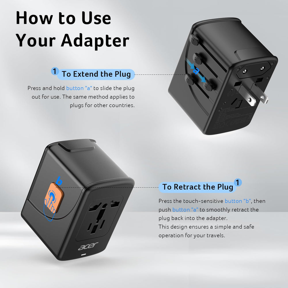 Acer adaptador guardado en maleta, fácil de transportar
