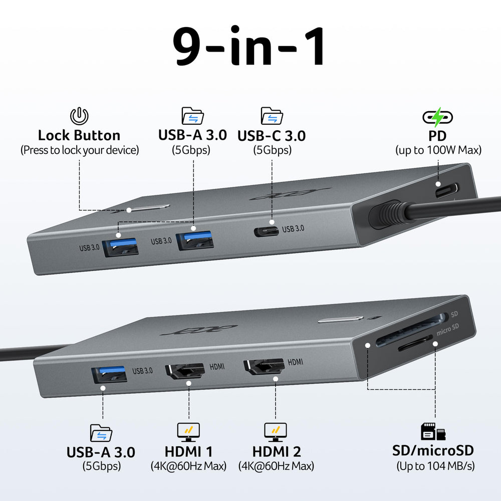 Acer primer plano de puertos HDMI USB y lector SD, permite transferencias rápidas