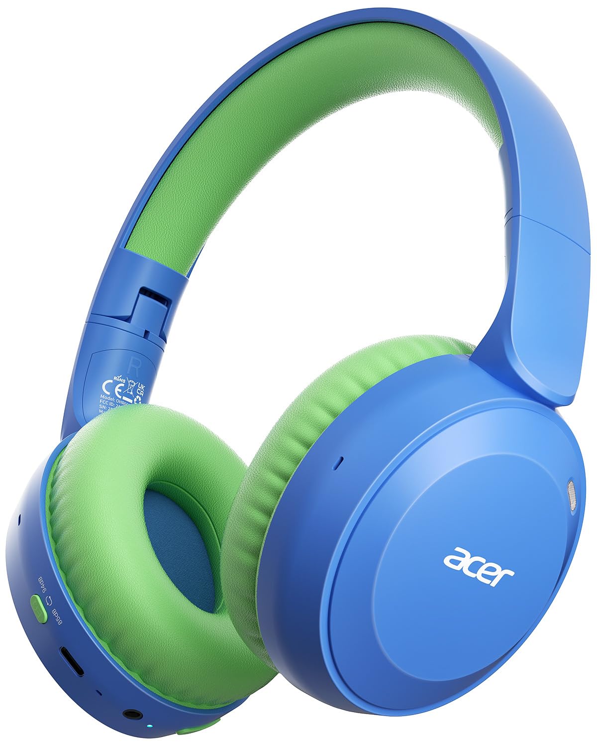 Acer auriculares frontal azul-verde mostrando diseño protector y cómodo