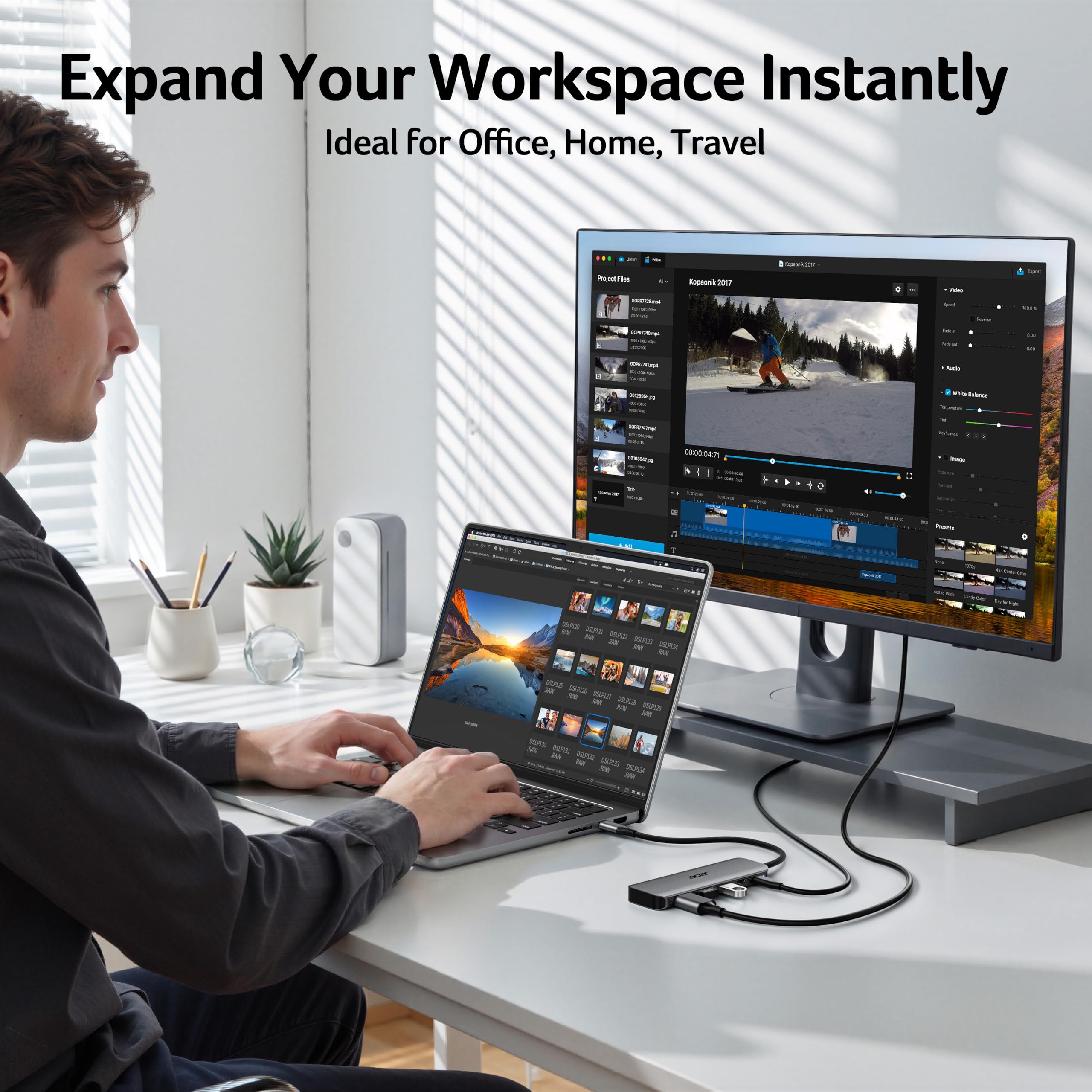 Acer hub junto a cargador para carga rápida y estable del portátil