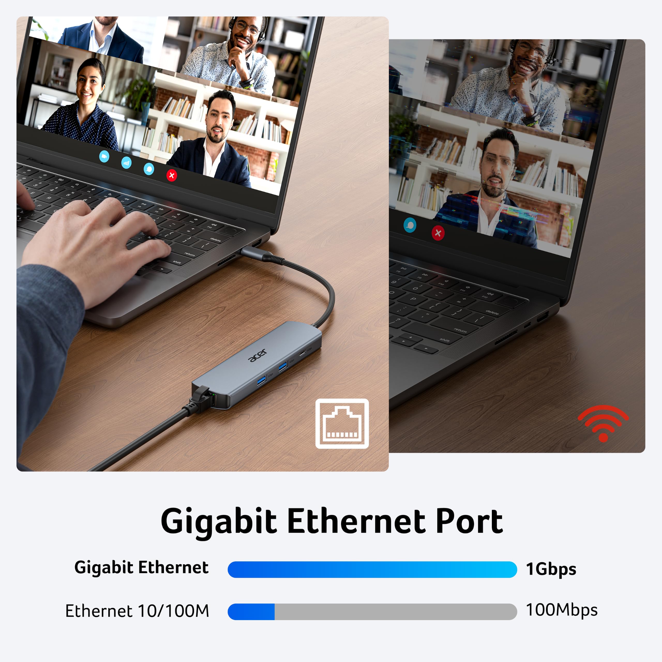 Acer hub con cable Ethernet conectado ofreciendo red estable y alta velocidad