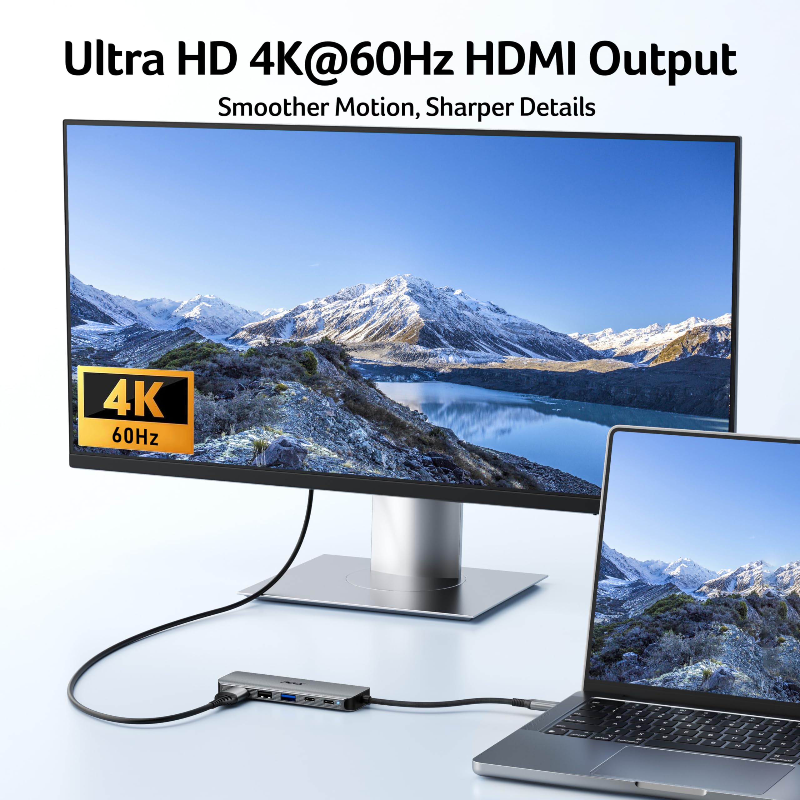 Acer hub conectado a monitor 4K demostrando imagen nítida