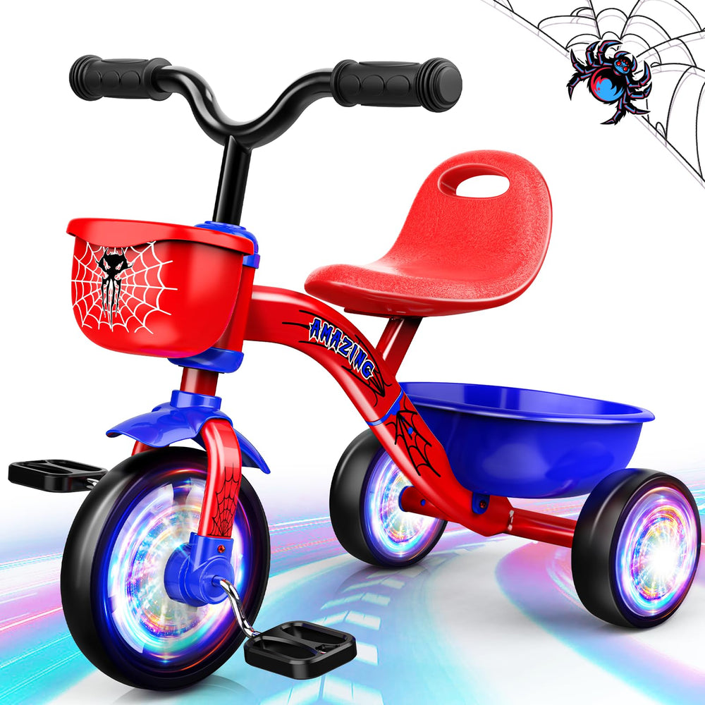 Ackarido front view of tricycle showing spider design and basket, encourages imaginative play