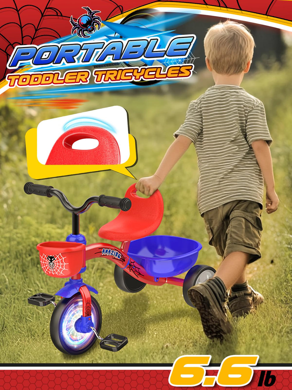 Ackarido tricycle next to stuffed toy for size comparison, shows toddler scale