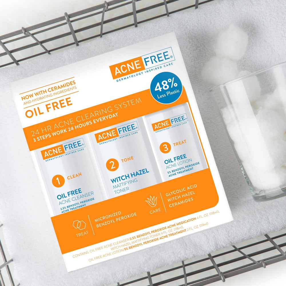 AcneFree kit dispuesto completo mostrando combinación de productos para rutina diaria