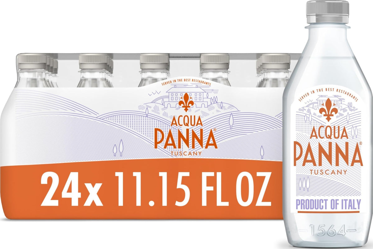 Acqua Panna frente del paquete de 24 botellas mostrando elegancia y practicidad