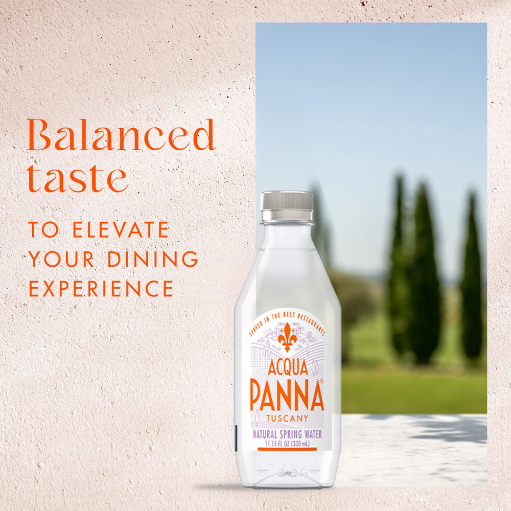 Acqua Panna servida en mesa de restaurante para realzar platos y vinos