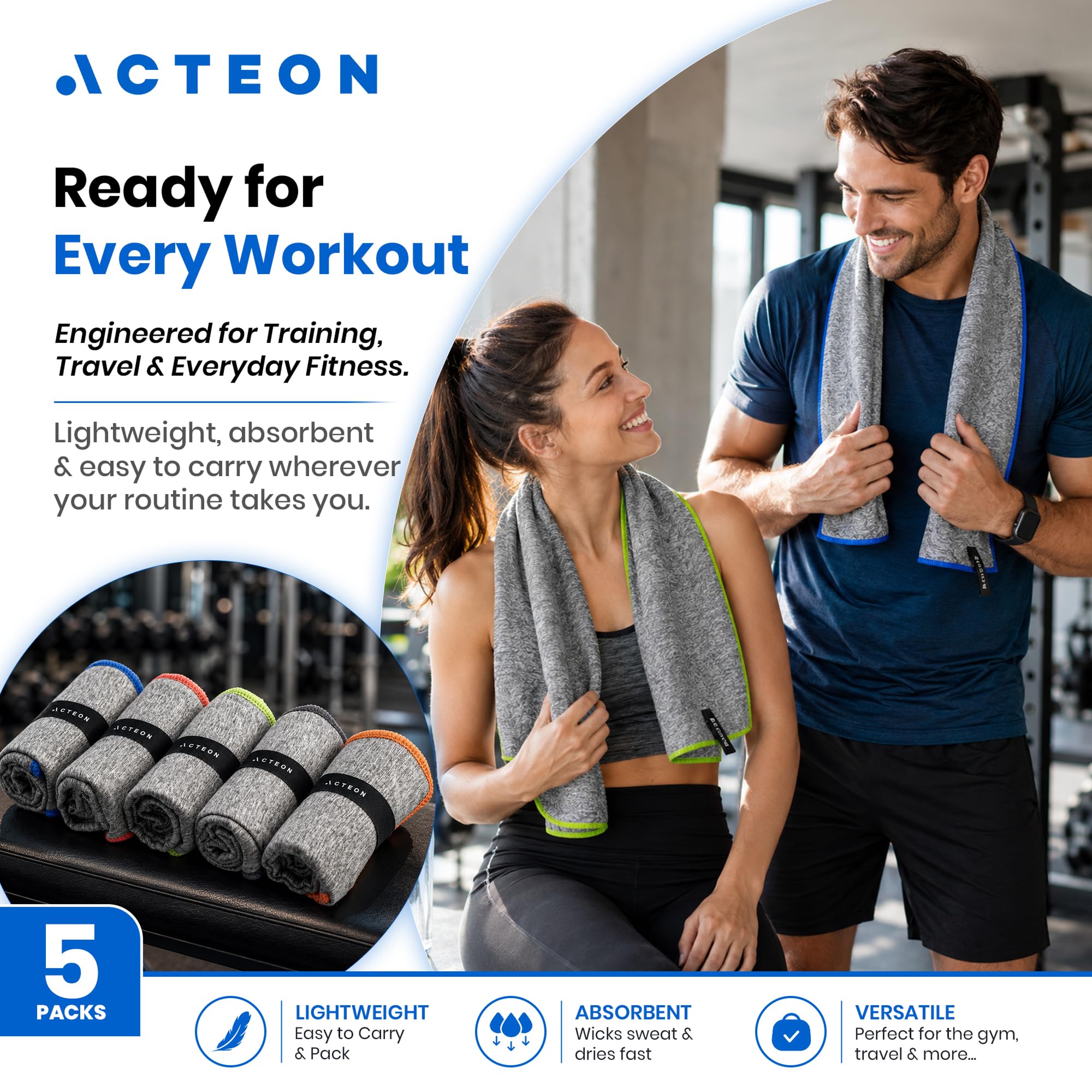 Acteon toalla junto a mano, muestra tamaño compacto y portabilidad