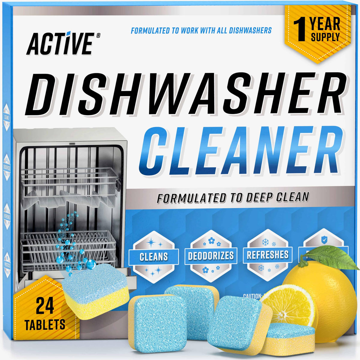 ACTIVE front packaging of dishwasher cleaner tablets showing quantity and features