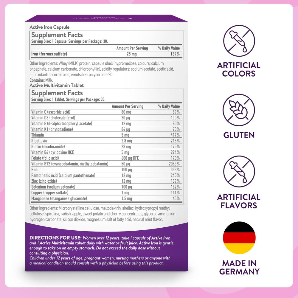 ACTIVEIRON etiqueta nutricional enfocada en dosis, ingredientes y advertencias