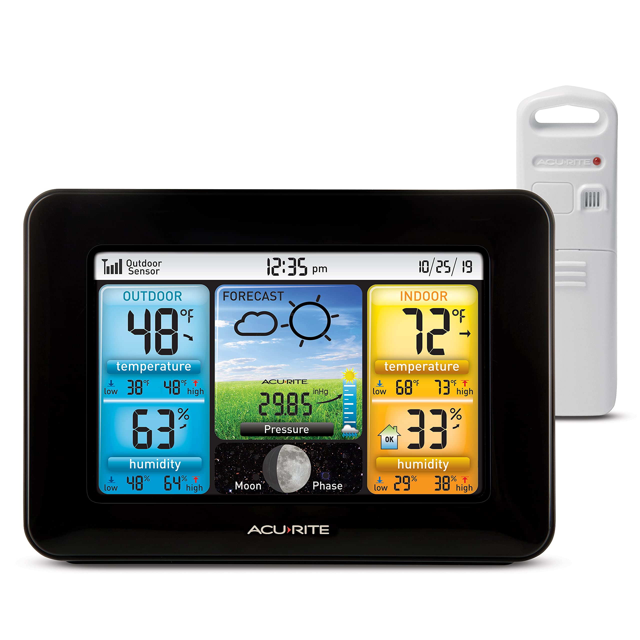 AcuRite front color display showing temperature, humidity and forecast — clear at-a-glance info