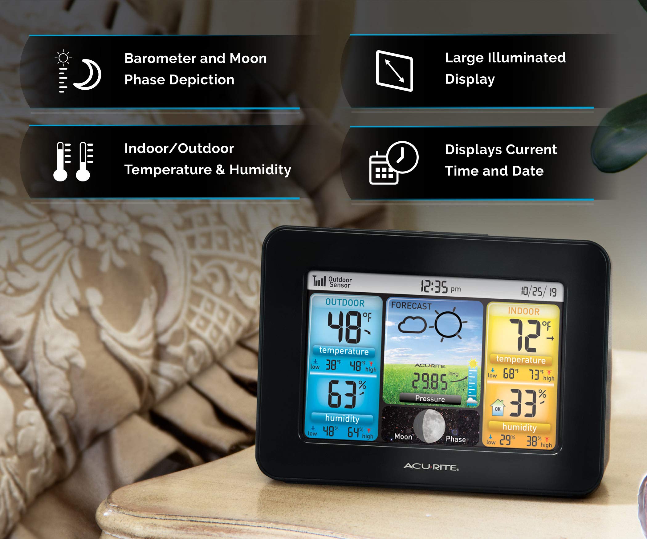 AcuRite weather station on kitchen counter providing immediate indoor and outdoor data