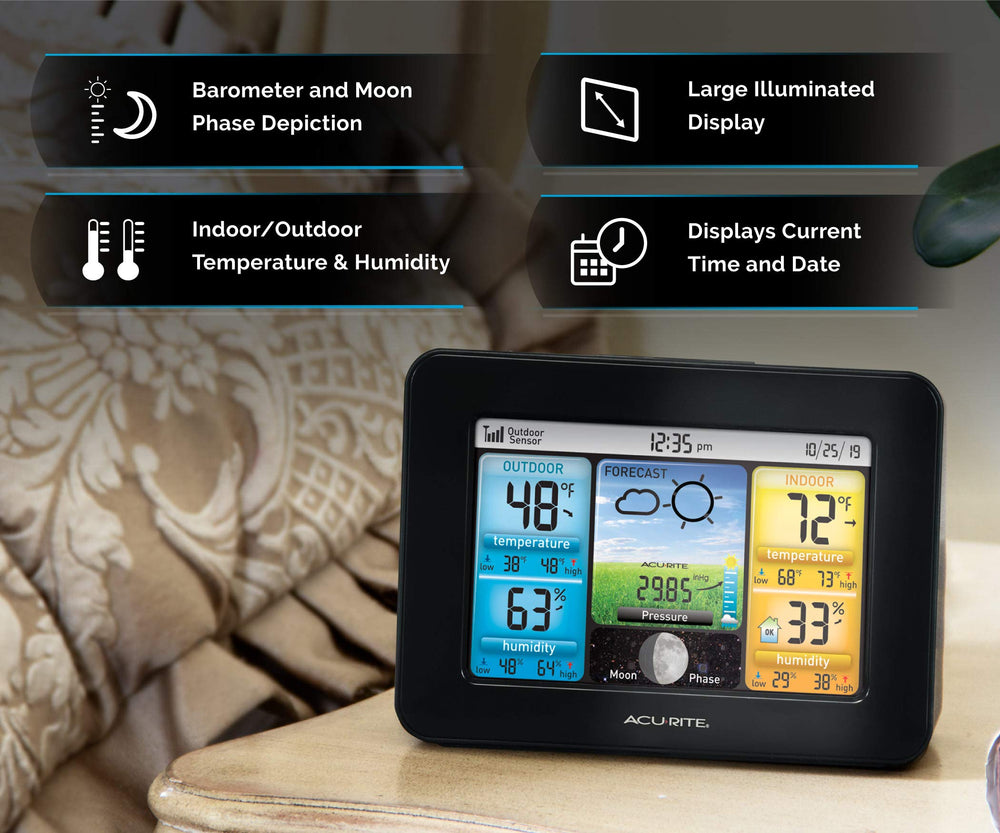AcuRite weather station on kitchen counter providing immediate indoor and outdoor data