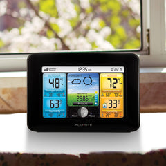 AcuRite outdoor sensor mounted on a post transmitting temperature and humidity reliably