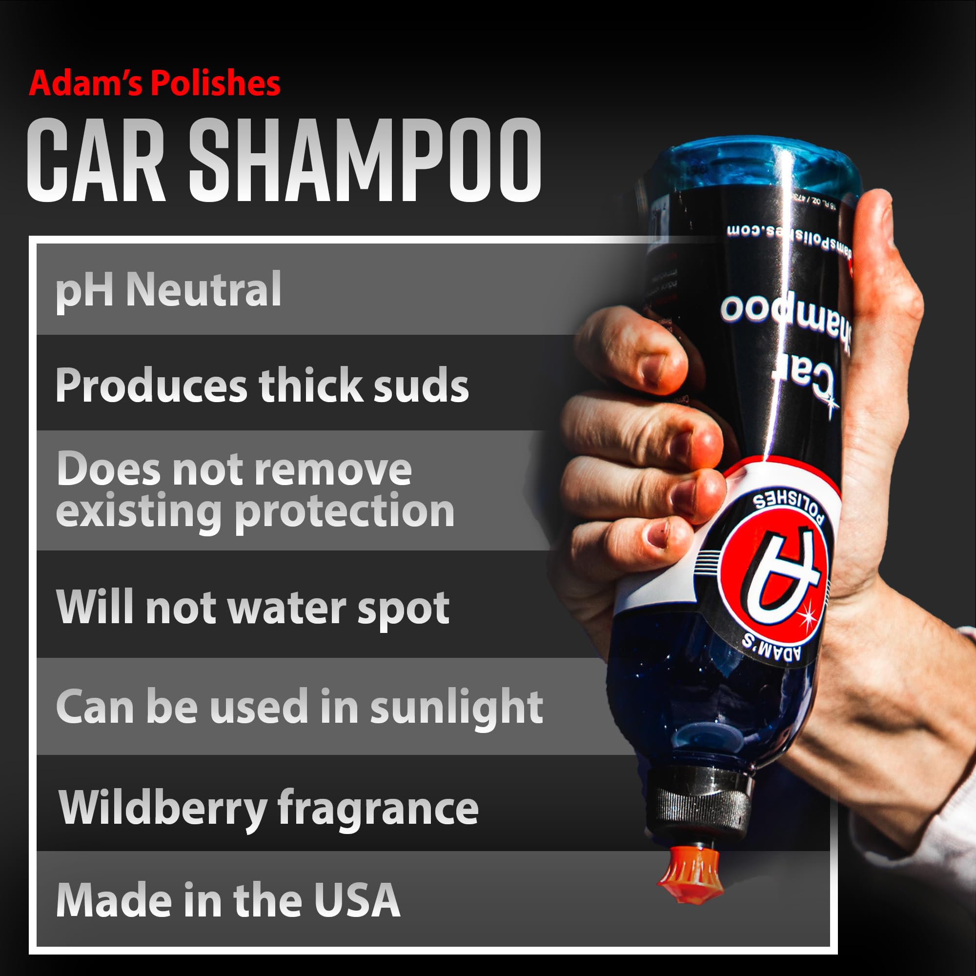 Adam's Polishes etiqueta en primer plano con instrucciones y beneficios visibles