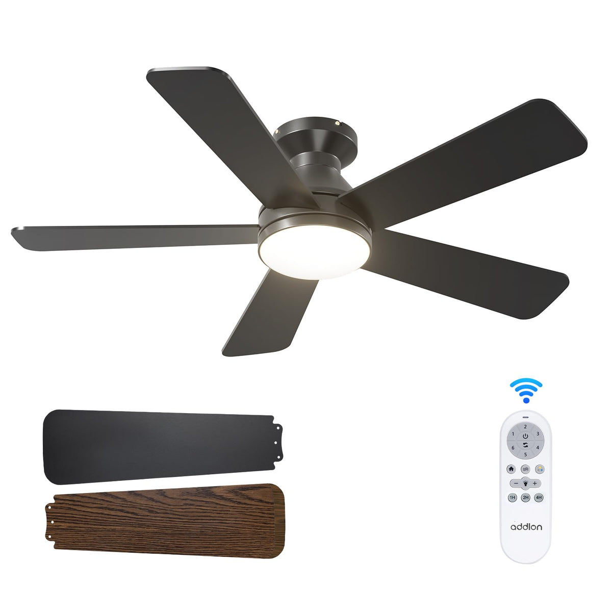 addlon vista frontal del ventilador negro con diseño moderno y ahorro energético