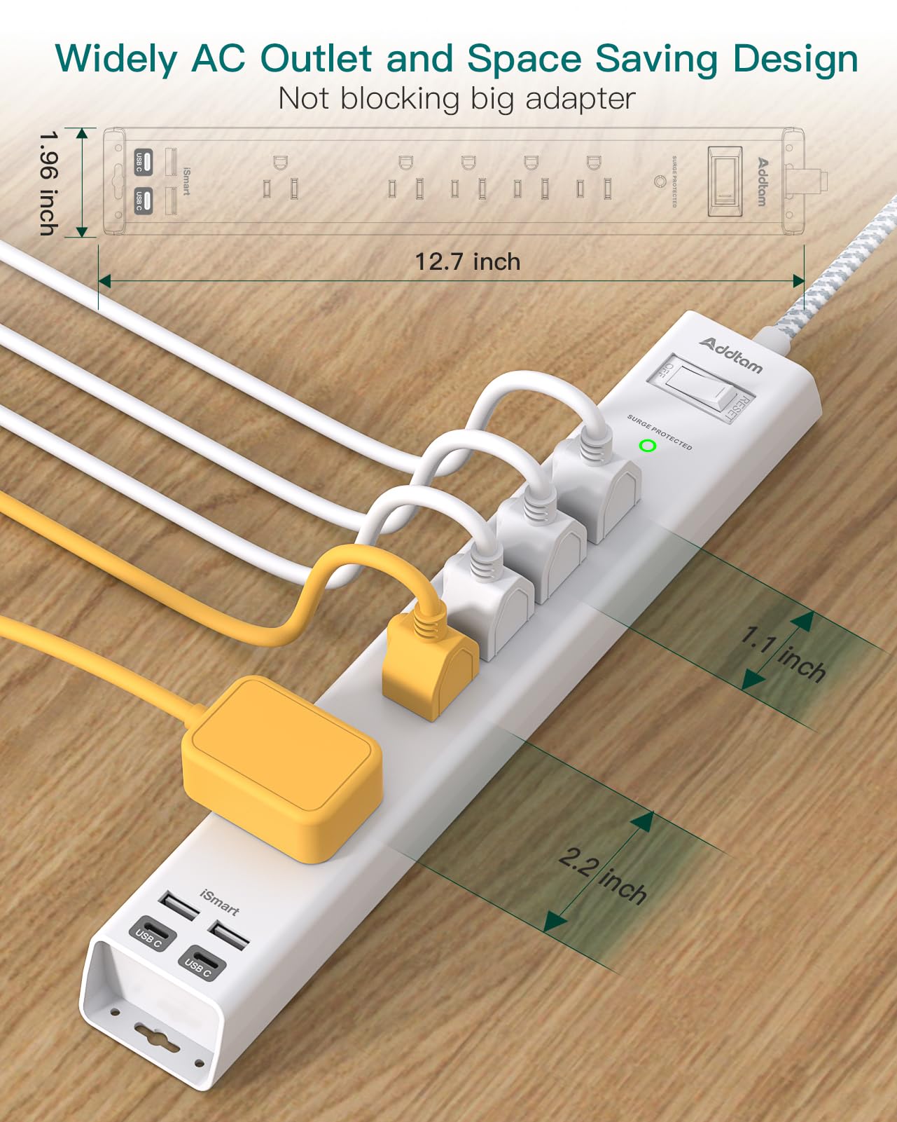 Addtam close-up of five widely spaced outlets to fit large adapters easily