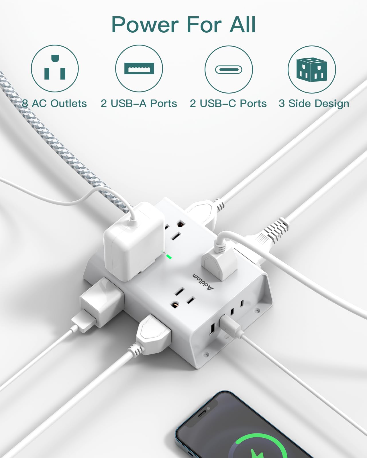 Addtam detalle de puertos USB-C y USB-A mostrando carga rápida segura