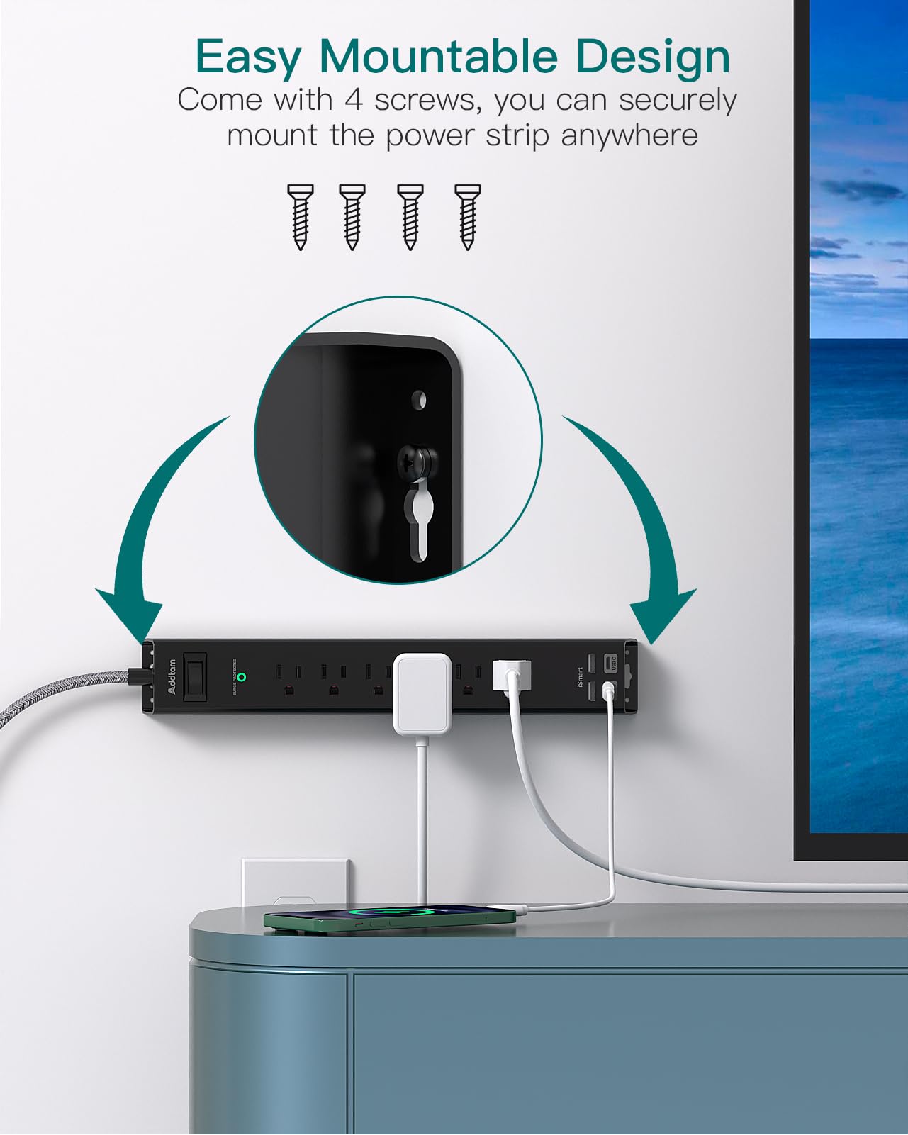 Addtam regleta en uso sobre escritorio manteniendo cables ordenados