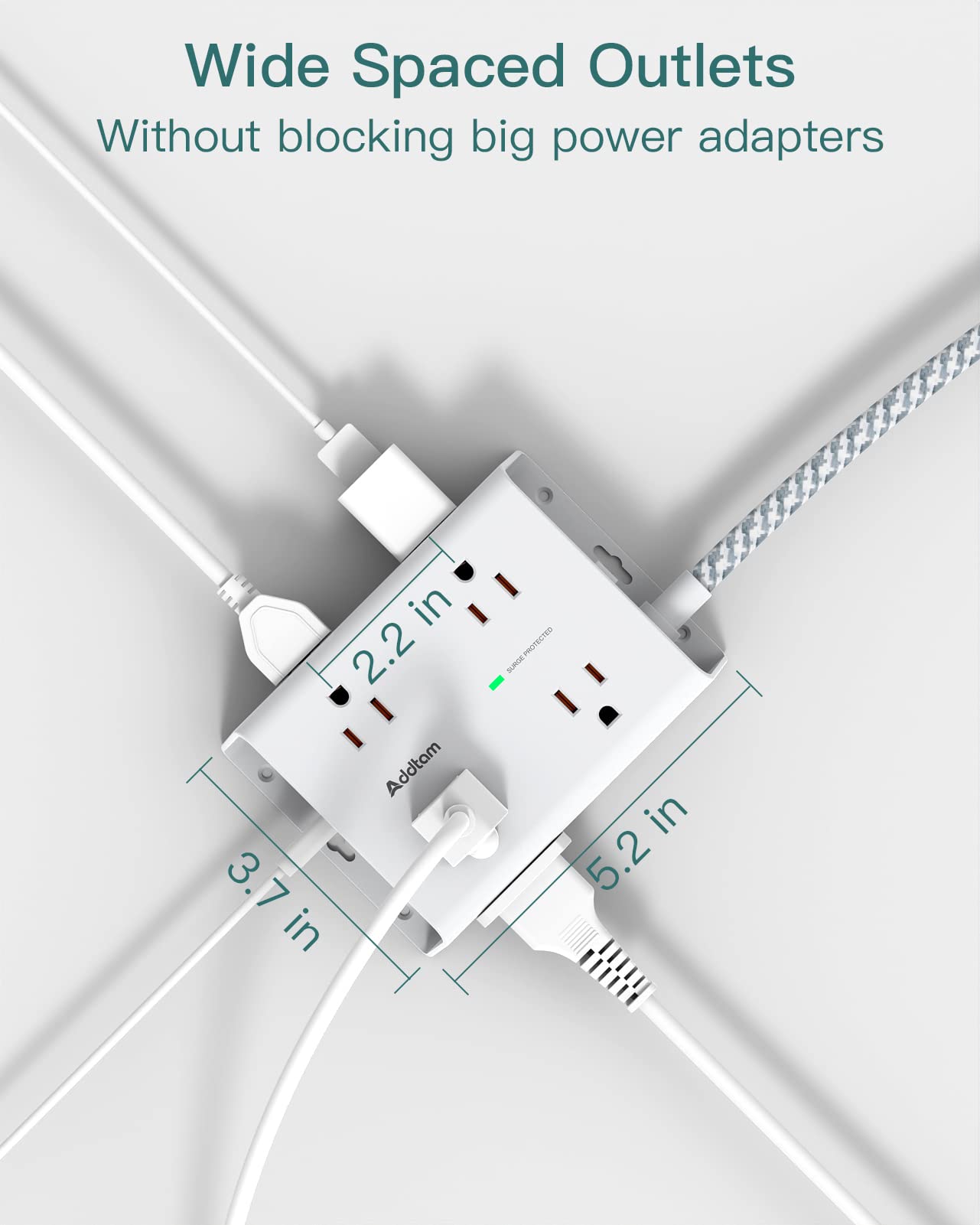 Addtam enchufe plano y cable trenzado de 5 ft para instalación compacta