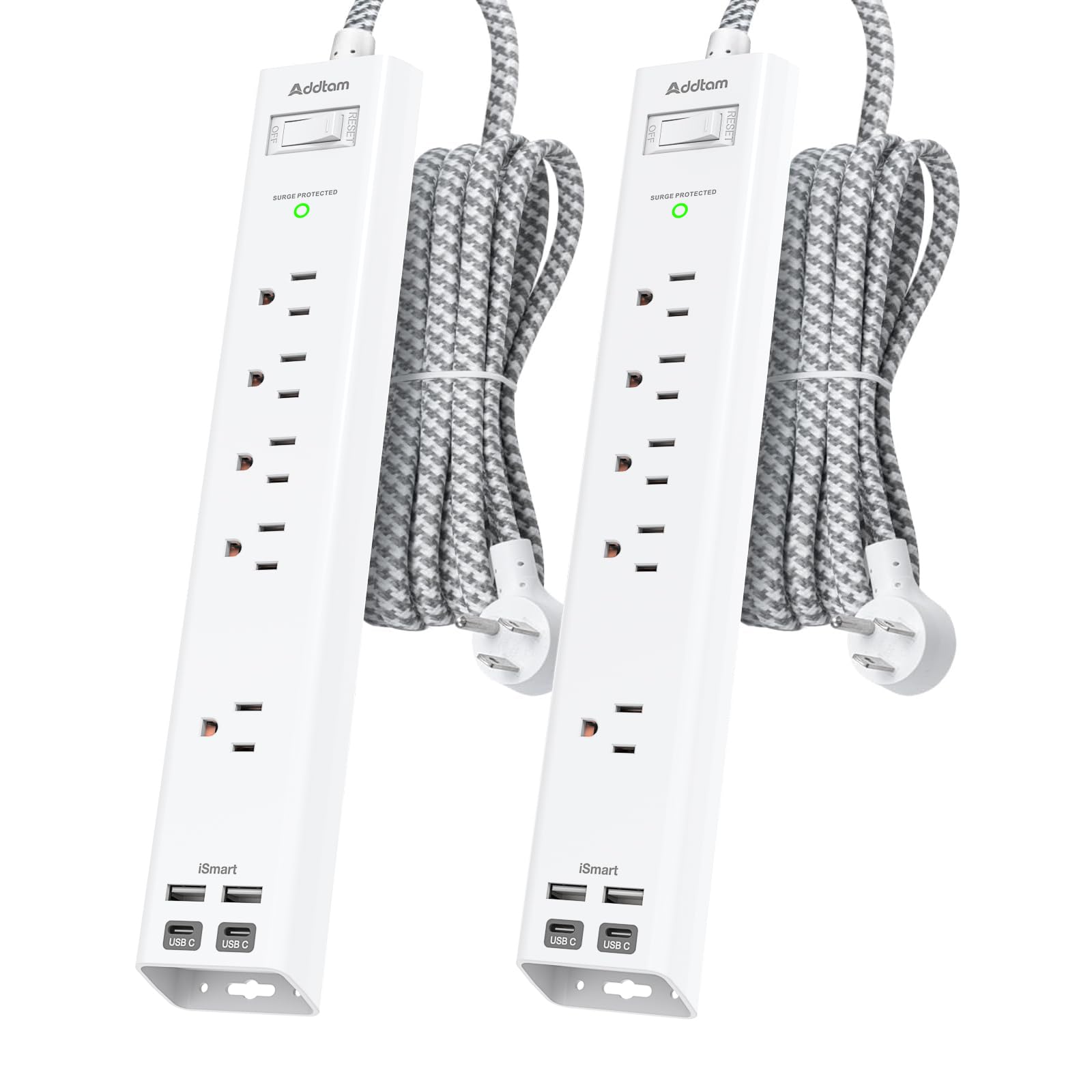 Addtam front view of two power strips showing outlets and USB ports for organized charging