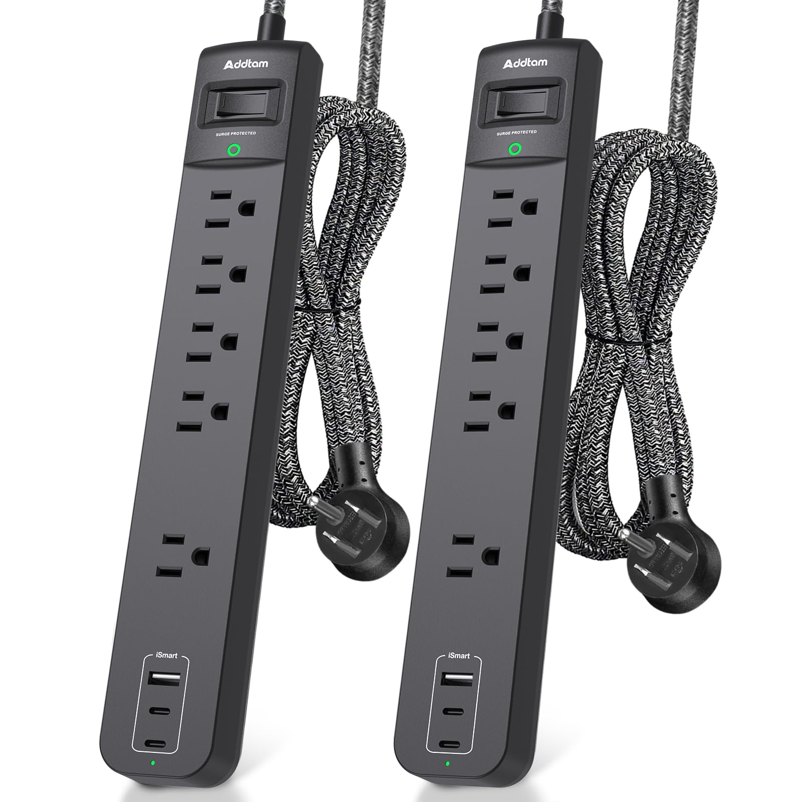Addtam vista frontal de la regleta muestra 5 enchufes y 3 USB, beneficio orden y capacidad