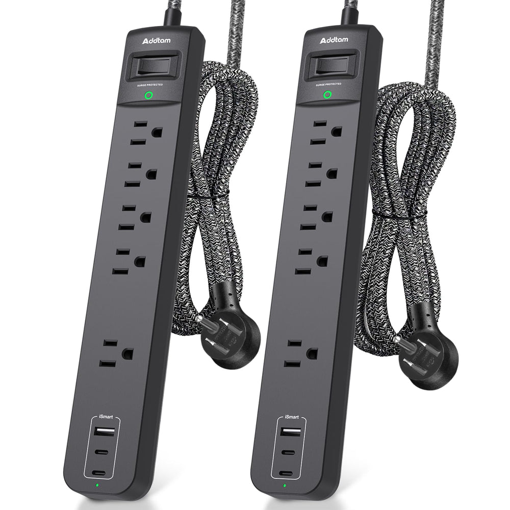 Addtam vista frontal de la regleta muestra 5 enchufes y 3 USB, beneficio orden y capacidad