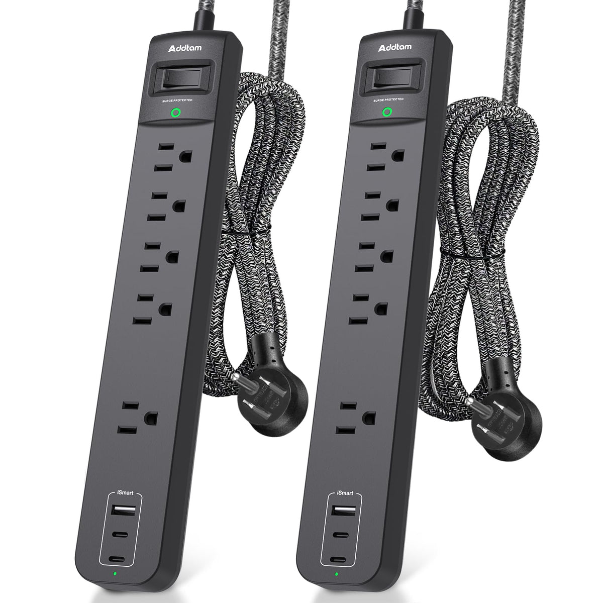 Addtam vista frontal de la regleta muestra 5 enchufes y 3 USB, beneficio orden y capacidad