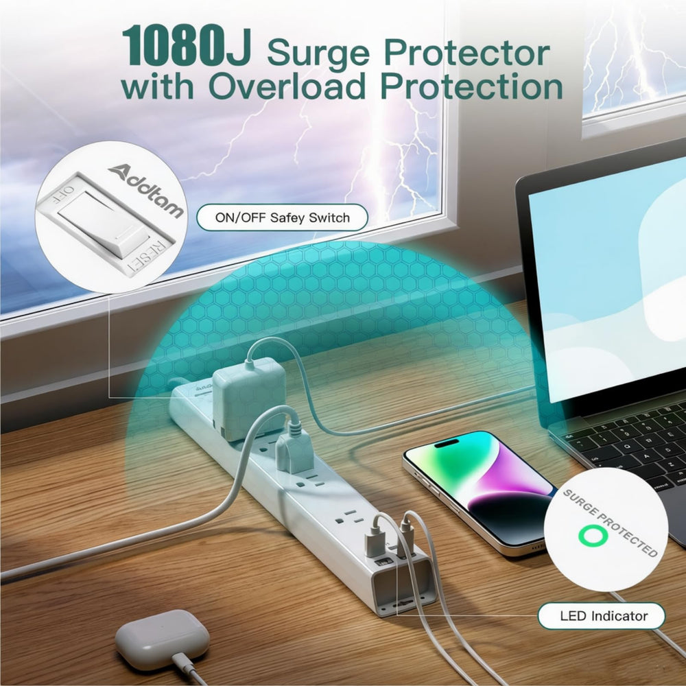 Addtam in desk setup powering laptop, monitor and phone for a clutter-free workspace